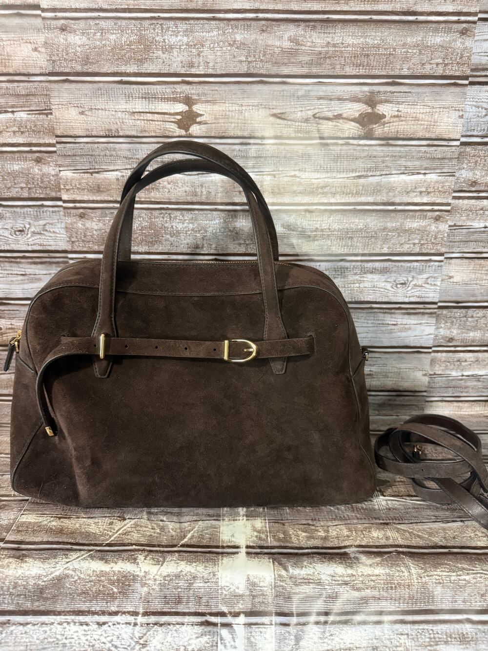 Madewell The Belted Suede Satchel in a chocolate Brown